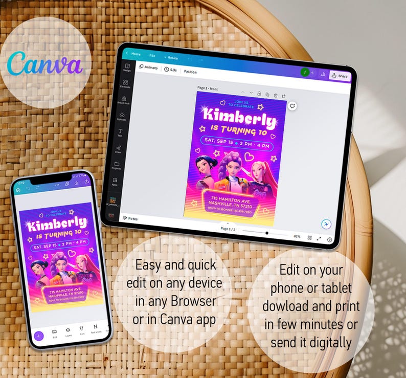 May include: A smartphone and tablet display a birthday invitation design. The invitation features a vibrant purple and pink gradient background with illustrations of three girls. Text includes "Kimberly is turning 10" and event details. The Canva logo is visible.