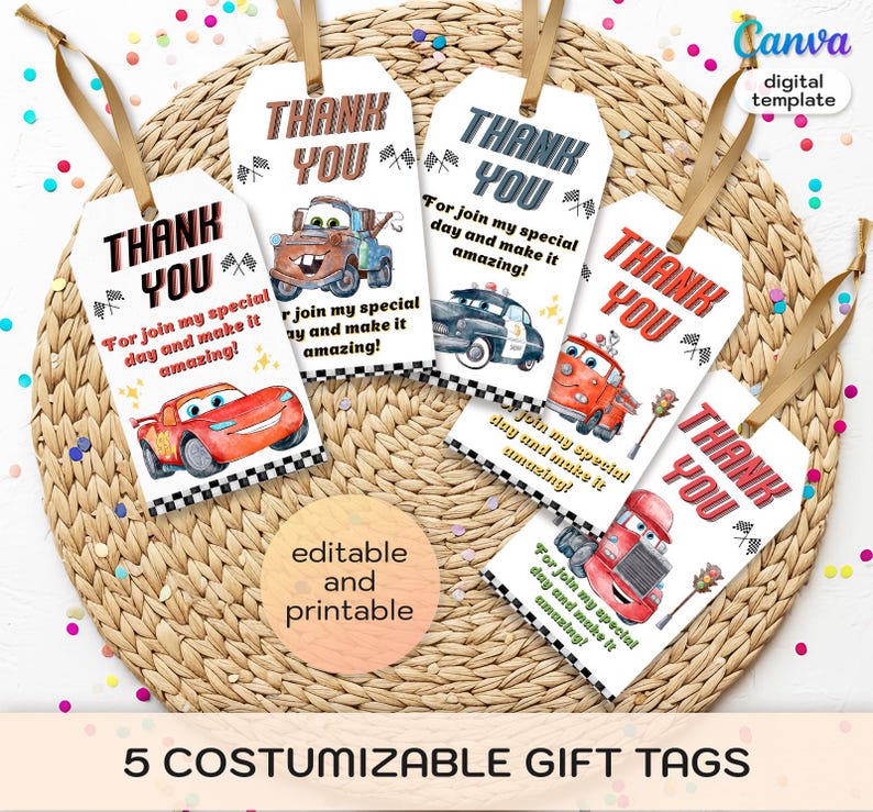 Cars Printable Gift Tags, Birthday Party Thank You Card, Editable ...
