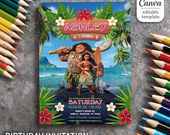 Moana druckbare Einladung, bearbeitbare Einladung, Hawaii-Geburtstags-Einladung, Luau-Party, bearbeitbare Te Fiti-Geburtstagsfeier einladen