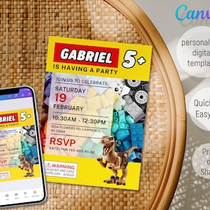 May include: A yellow and red birthday party invitation for a child turning 5. The invitation features a Lego-themed design with a dinosaur and the text "Gabriel 5+ is having a party".
