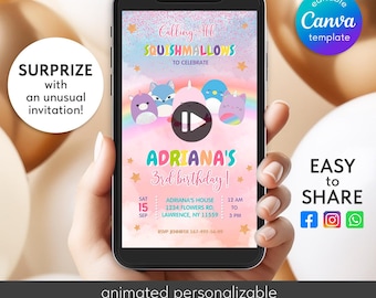 May include: A smartphone displays a colorful animated birthday invitation. The invitation features the text "Calling All Squishmallows" and "Adriana's 3rd birthday!" with event details. The design includes cartoon characters and stars.