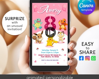 Animowane zaproszenie urodzinowe, zaproszenie wideo z urodzinami, edytowalne zaproszenie, zaproszenie urodzinowe w stylu anime, natychmiastowe pobranie