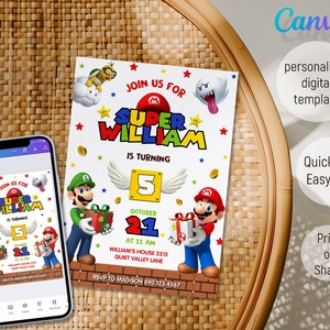 Birthday Invite boy girl, Super mario invitation, mario bros movie invitation, Instant Download, video game Birthday Invite template