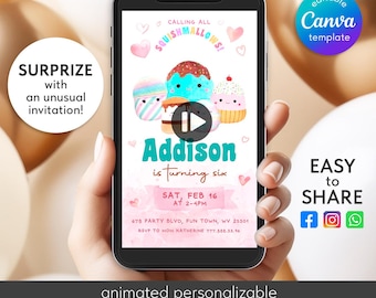May include: A smartphone displaying a birthday invitation template with a Squishmallows theme. The invitation features colorful cartoon characters, the name "Addison," and event details. Text includes "Surprize with an unusual invitation!" and "Easy to Share."