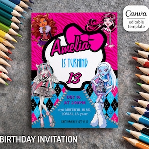 Printable Monster Girl invite, Monster Birthday Party invitation, girls Halloween Birthday Party, Monster Doll invite, girls birthday