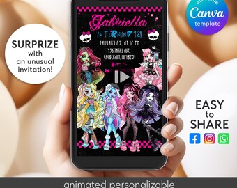 May include: A digital birthday invitation template displayed on a smartphone screen featuring six stylized characters with colorful hair and outfits against a black background with pink checkered borders and the text Gabriella is turning 12.