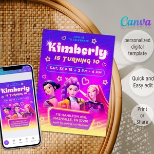 May include: A digital invitation for Kimberly's 10th birthday, featuring a vibrant design with a purple and pink gradient background. The invitation includes the text "Kimberly is turning 10" and event details. A smartphone displays the same invitation.