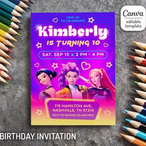 May include: A vibrant birthday invitation with a purple and yellow gradient background. The invitation features the name "Kimberly" in large, sparkling letters, along with the text "IS TURNING 10". It includes event details and a Canva editable template.