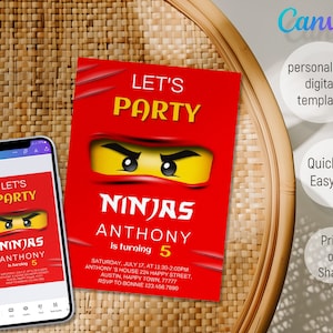 Può includere: Un invito digitale rosso e giallo per una festa di compleanno a tema ninja. L'invito presenta un personaggio ninja in stile Lego con il testo "Let's Party" e "Ninjas Anthony compie 5 anni". L'invito include la data, l'ora, il luogo e le informazioni RSVP.