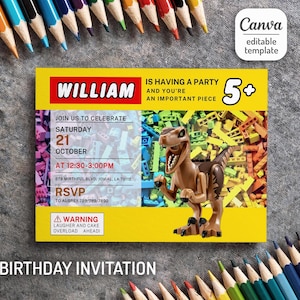 Op de afbeelding: Een gele en rode verjaardagsuitnodiging voor een 5-jarige jongen genaamd William. De uitnodiging heeft een Lego-dinosaurus en de tekst "William heeft een feestje en jij bent een belangrijk onderdeel".
