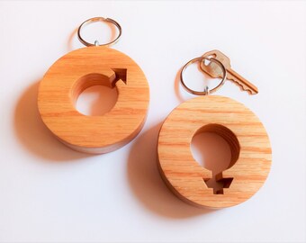 Restroom Key Keychains, Pair of Male and Female, Large 3 Inch, Solid Oak Wood