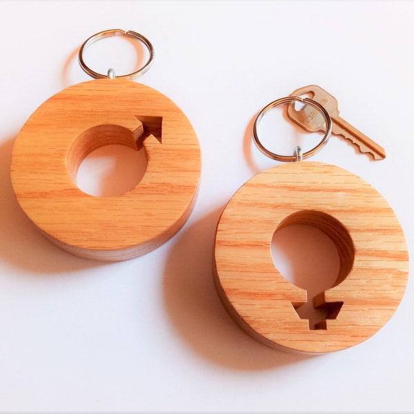Restroom Key Keychains, Pair of Male and Female, Large 3 Inch, Solid Oak Wood