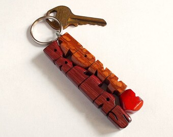Wave Keychain in Leopardwood and Purpleheart Wood, Custom Names Carved to Order