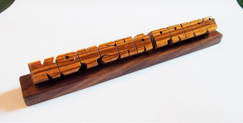 Small Desk Name, Zebrano and Walnut Woods, Custom Carved to Order image 1