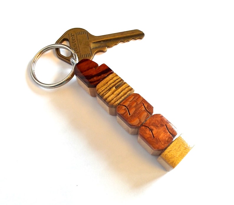 Custom Exotic Woods Sampler Name Keychain on Maple, Carved to Order image 5