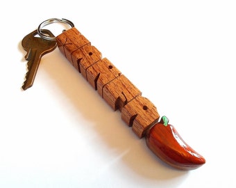 Chili Pepper Name Keychain in Mesquite and Paduak Woods, Custom Carved to Order