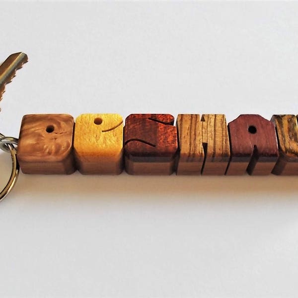Custom Exotic Woods Sampler on Walnut Name Keychain, Carved to Order