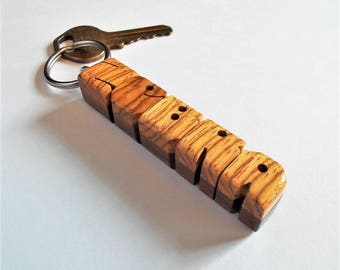 Custom Name Keychain, Zebrawood and Ipe Woods, Carved to Order, Cross-Bonded