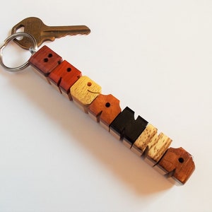 Custom Exotic Woods Sampler Name Keychain on Maple, Carved to Order image 7