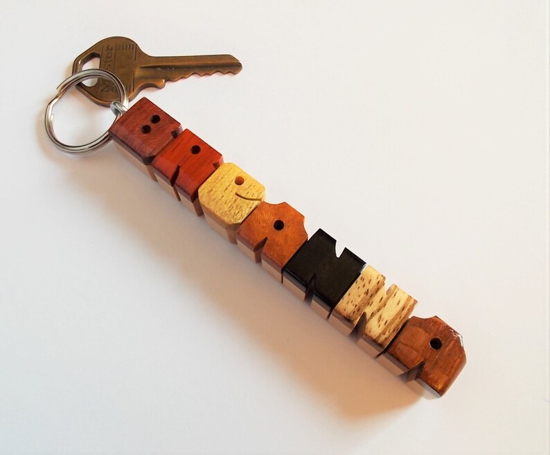Custom Exotic Woods Sampler Name Keychain on Maple, Carved to Order image 7