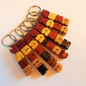 Custom Exotic Woods Sampler Name Keychain on Maple, Carved to Order image 3