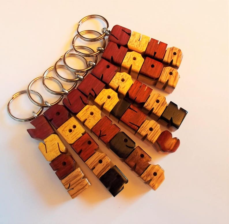 Custom Exotic Woods Sampler Name Keychain on Maple, Carved to Order image 3