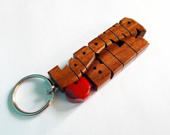 Wave Keychain in Mahogany Wood, Custom Names Carved to Order