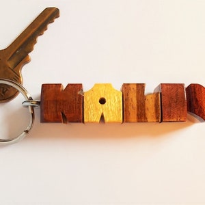 Custom Exotic Woods Sampler Name Keychain on Maple, Carved to Order image 8