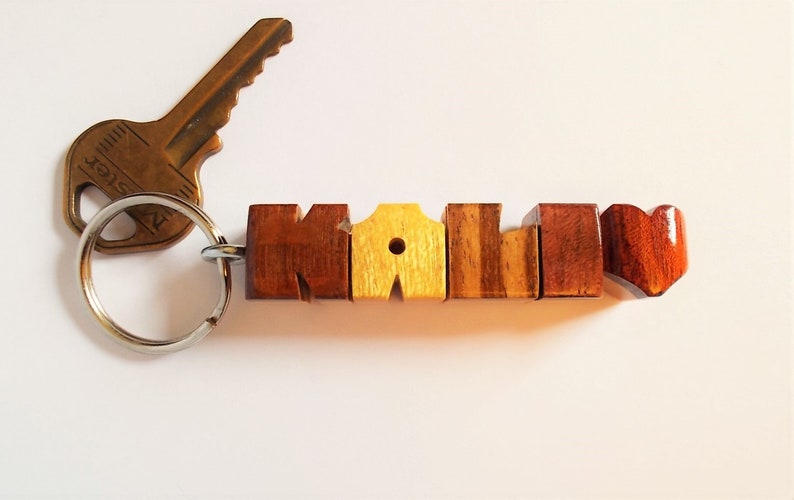 Custom Exotic Woods Sampler Name Keychain on Maple, Carved to Order image 8