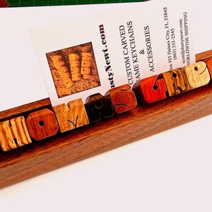 Business Card Holder with Name, Exotic Wood Sampler on Walnut, Custom Carved to Order