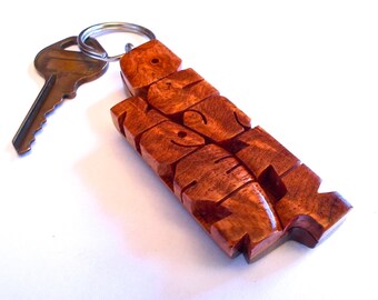 Wave Keychain in Amboyna Burl and Mahogany Wood - Custom Names Carved to Order