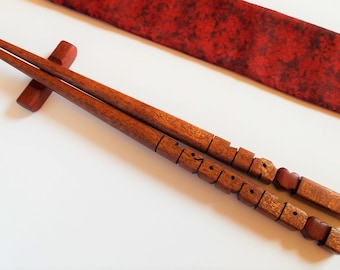 Name Chopsticks in Sapele Wood with Inlaid Bloodwood Hearts, Personalized, Custom Carved to Order