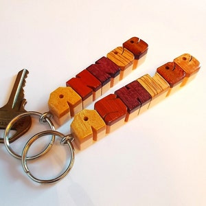 Custom Exotic Woods Sampler Name Keychain on Maple, Carved to Order image 2