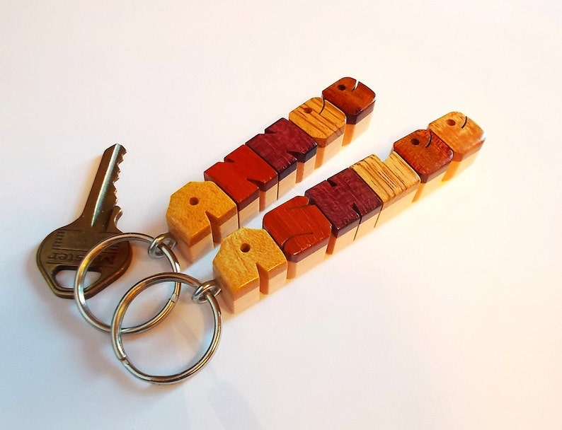 Custom Exotic Woods Sampler Name Keychain on Maple, Carved to Order image 2