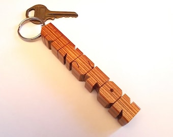 Custom Economy Wood Name Keychain, Upcycled Rescued Hardwood, Carved to Order