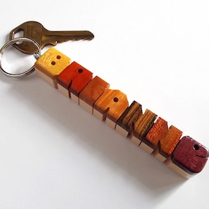 Custom Exotic Woods Sampler Name Keychain on Maple, Carved to Order image 1