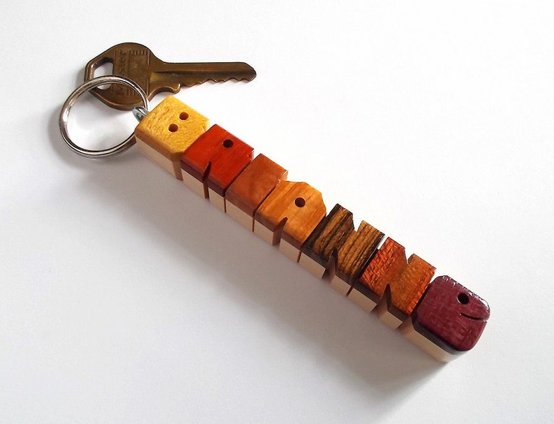 Custom Exotic Woods Sampler Name Keychain on Maple, Carved to Order image 1