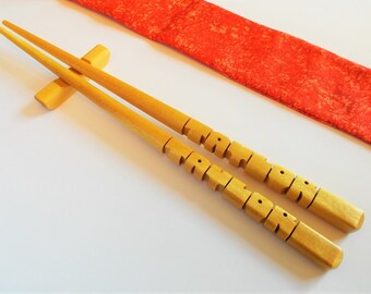 Name Chopsticks in Pau Amarello Wood (Yellowheart), Personalized , Custom Carved to Order