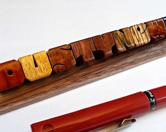 Small Desk Name, Exotic Wood Sampler on Walnut Base, Carved to Order