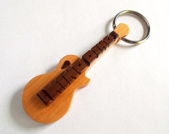 Guitar Name Keychain, Custom Carved in Cherry Wood and Cocobolo