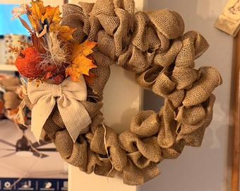 14 Inch Burlap Fall Wreath: Orange, Tan Leaves, Bow (Autumn Decor)