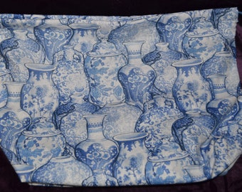 Saco azul do projeto do cordão de pano de Delftware para o saco do fio de confecção de malhas ou de crochê