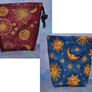 Celestial Sun Moon and Stars on Red or Blue Cloth Drawstring Bag for Dice/Tarot/Makeup/RPG/D&D/Board Game Pieces