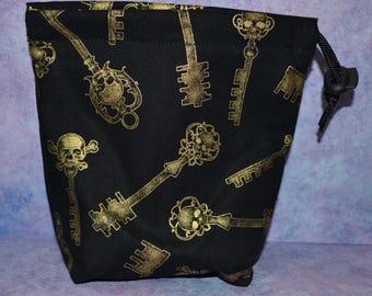 Chaves de caveira de esqueleto Bolsa de pano com cordão para dados/tarô/maquiagem/peças de jogos de tabuleiro/D&D