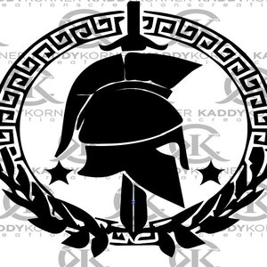 May include: Black and white graphic of a Spartan helmet, sword, and laurel wreath, enclosed in a circular frame with a Greek key border. The design includes three stars and the text "KADDY KORNER CREATIONS".