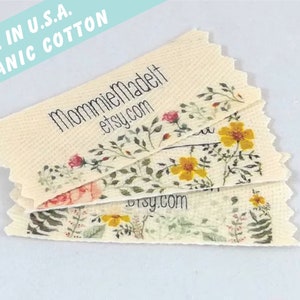 Organic Cotton Twill Ribbon Labels Customized with Watercolor Floral Design or Your Brand