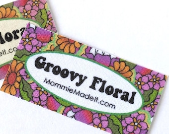 Organic Cotton Groovy Floral Sewing Labels, Personalized Gift Tags, 40pc Custom Craft Name Tags