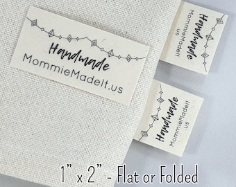Boho Garland Labels - Flat or Folded - White Frayproof OR Organic Cotton - Customized with Your Choice of Font and Text