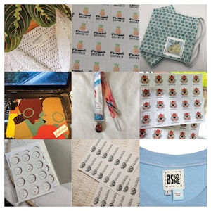 May include: A collection of various handmade items. Includes fabric with pineapple logos, face masks, stickers, a mousepad with an illustration of two women, a pacifier clip, and a light blue t-shirt with a tag that says "BS MADE ME".
