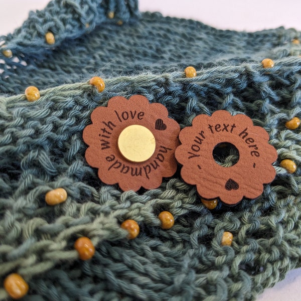 Custom Circle Flower Rivet Label, Personalized Vegan Leather Tag, Handmade No Sew Knit Crochet Quilt Gift Labels for Crafts and Gifts